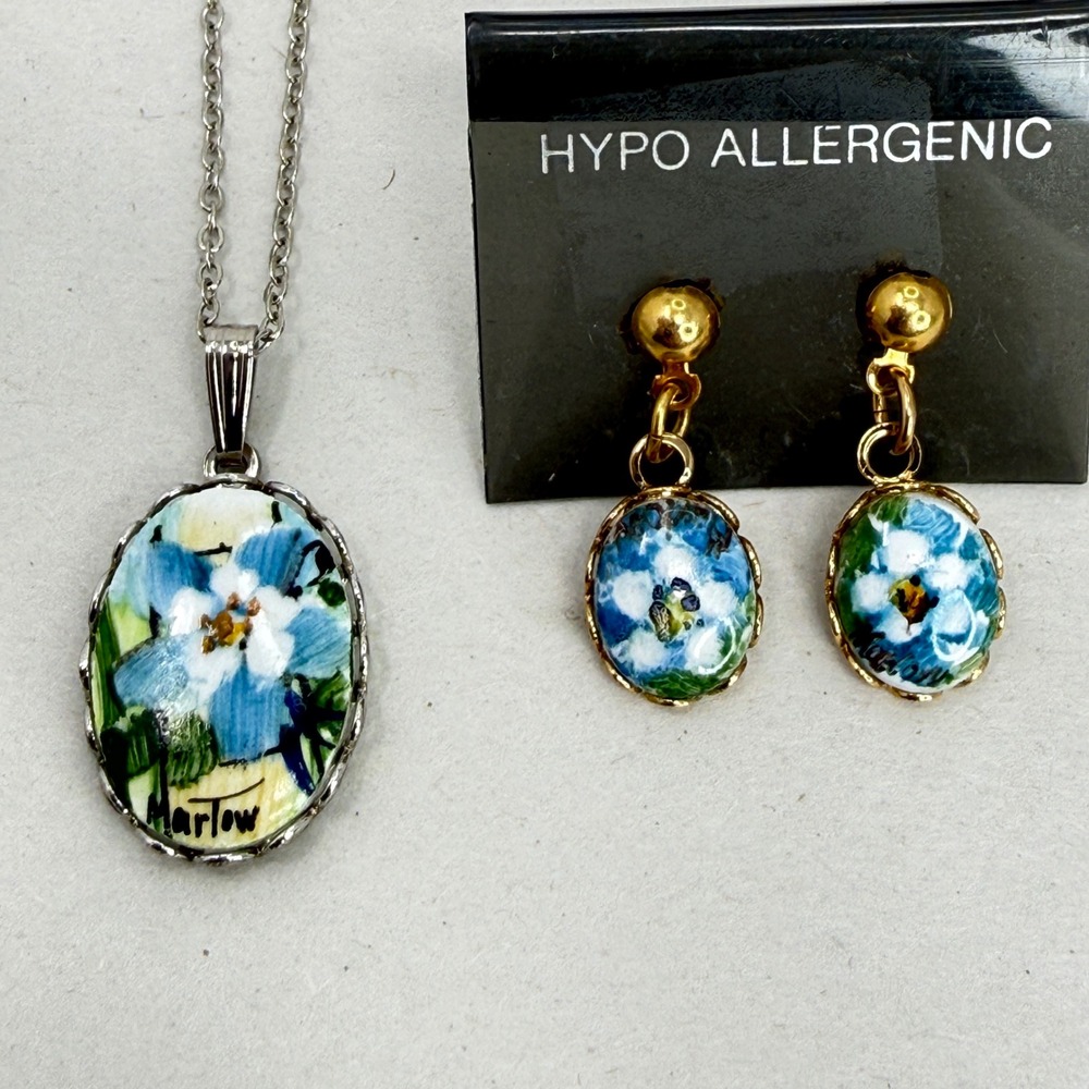 Hand Painted Porcelain Jewelry Set Signed Marlow Blue Flower Necklace Earrings